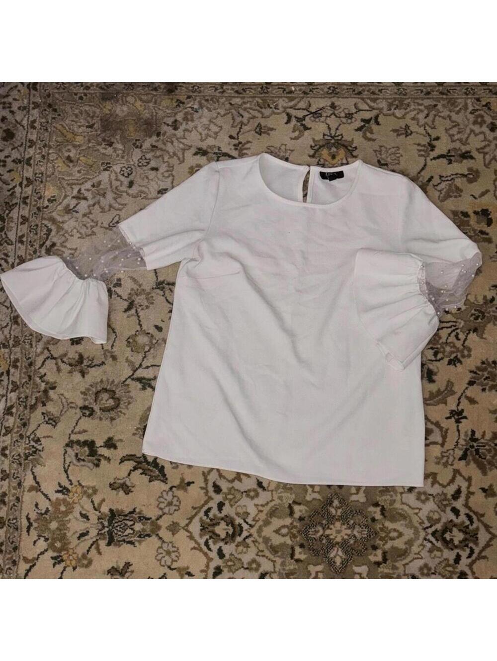 FLAW Elegant White Blouse with Sheer Sleeves pearl sparkles